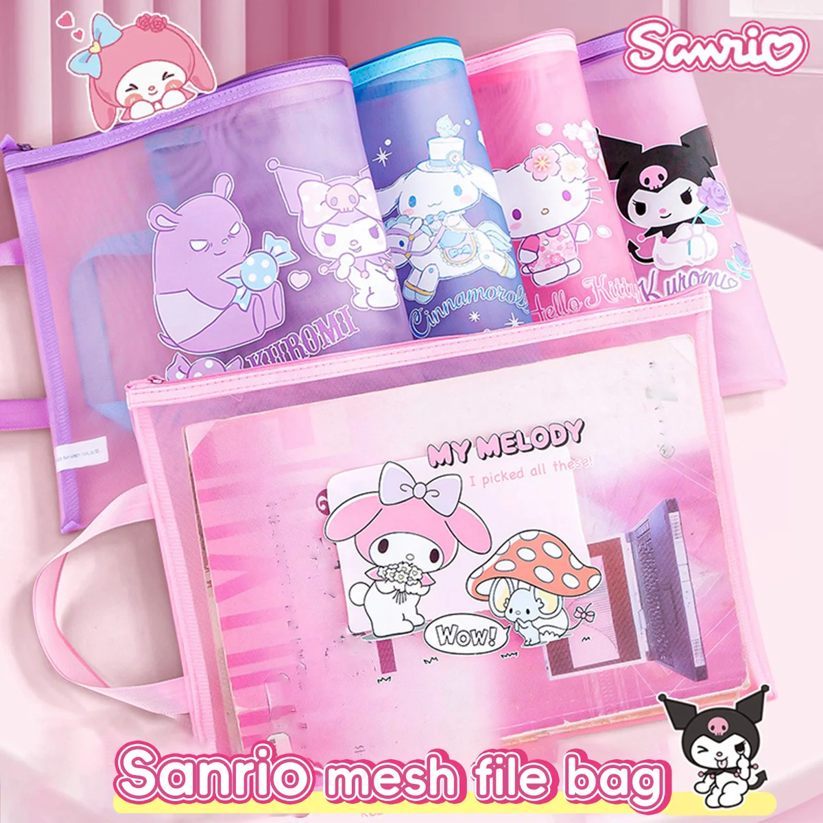 Sanrio Mesh File Bag Double Layer Transparent A4 Size School Organization Students Teachers Office Document Holder Storage Bag