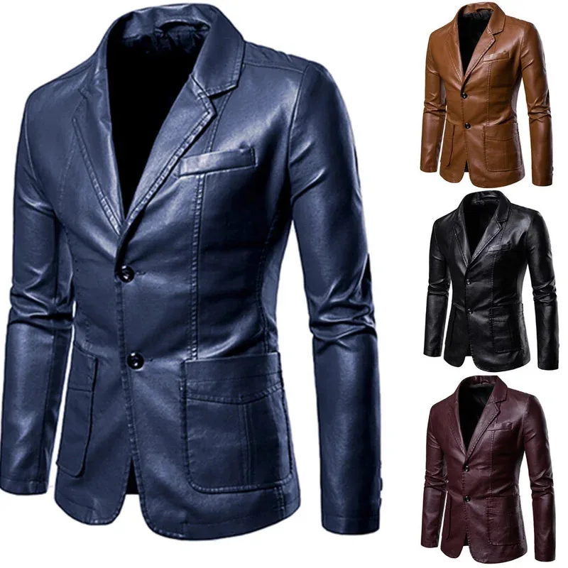

Leather Blazer Man 2024 Spring Autumn Fashion Men's Leather Jacket Dress Suit Coat Male Business Casual Pu Black Blazers Jacket