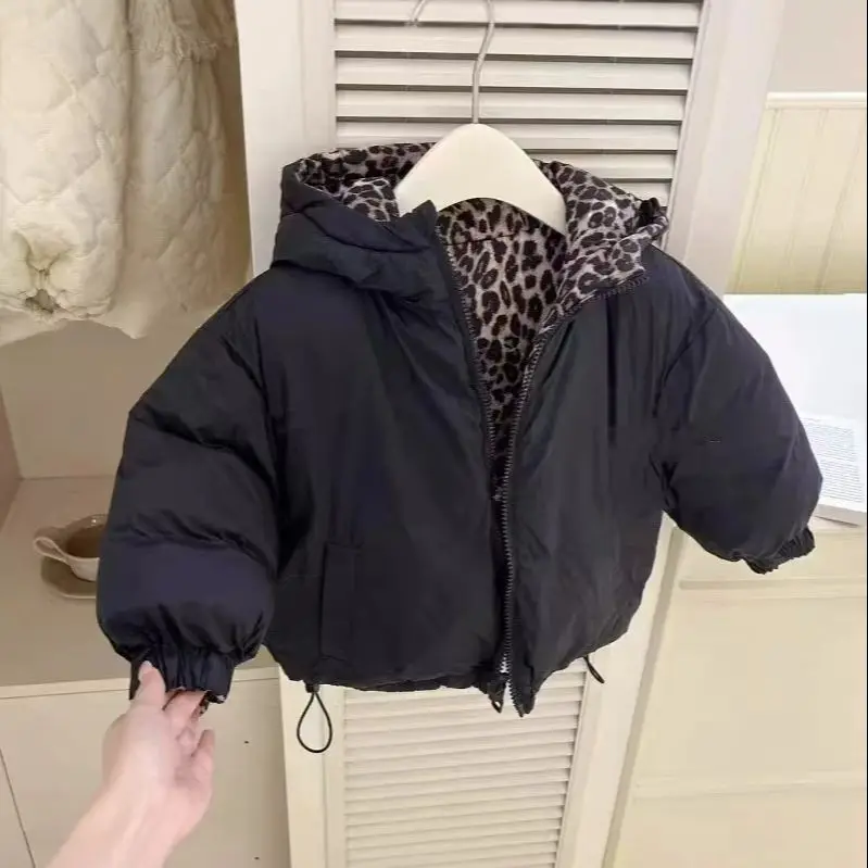 Children's hooded double-sided thick cotton jacket with leopard print 2025 Winter Thermal cotton coat girl Fashion Casual coat