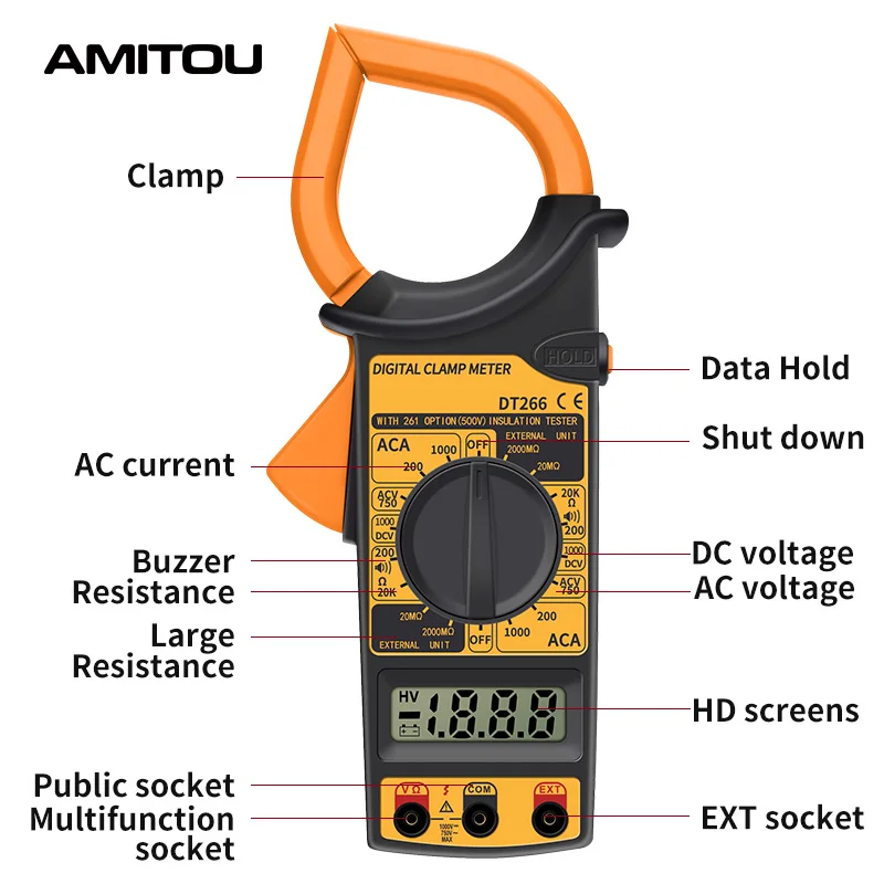 AMITOU DT266 1999 Count Digital Professional Clamp Meter Multimeter Data Hold ohm Current Multimetro Clamp AC/DC Voltage Tester