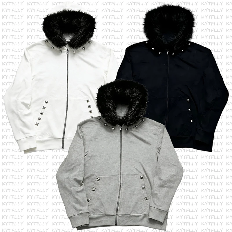 

Уличный ретро-свитер с капюшоном и меховым воротником, дизайн Y2K, металлические заклепки, американский уличный стиль, мода Харадзюку, унисекс, новинка 2026 года