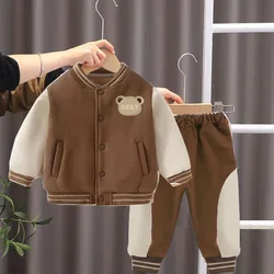 Spring Autumn Baby Boys Cartoon Bear Splicing Style Baseball Coat + Pants 2Pcs Suit For Kids Children Birthday Present Outfit