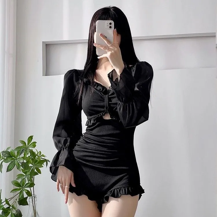

New long sleeved swimsuit for women slimming and conservative soaking in hot springs one-piece high-end sense swimsuit for women