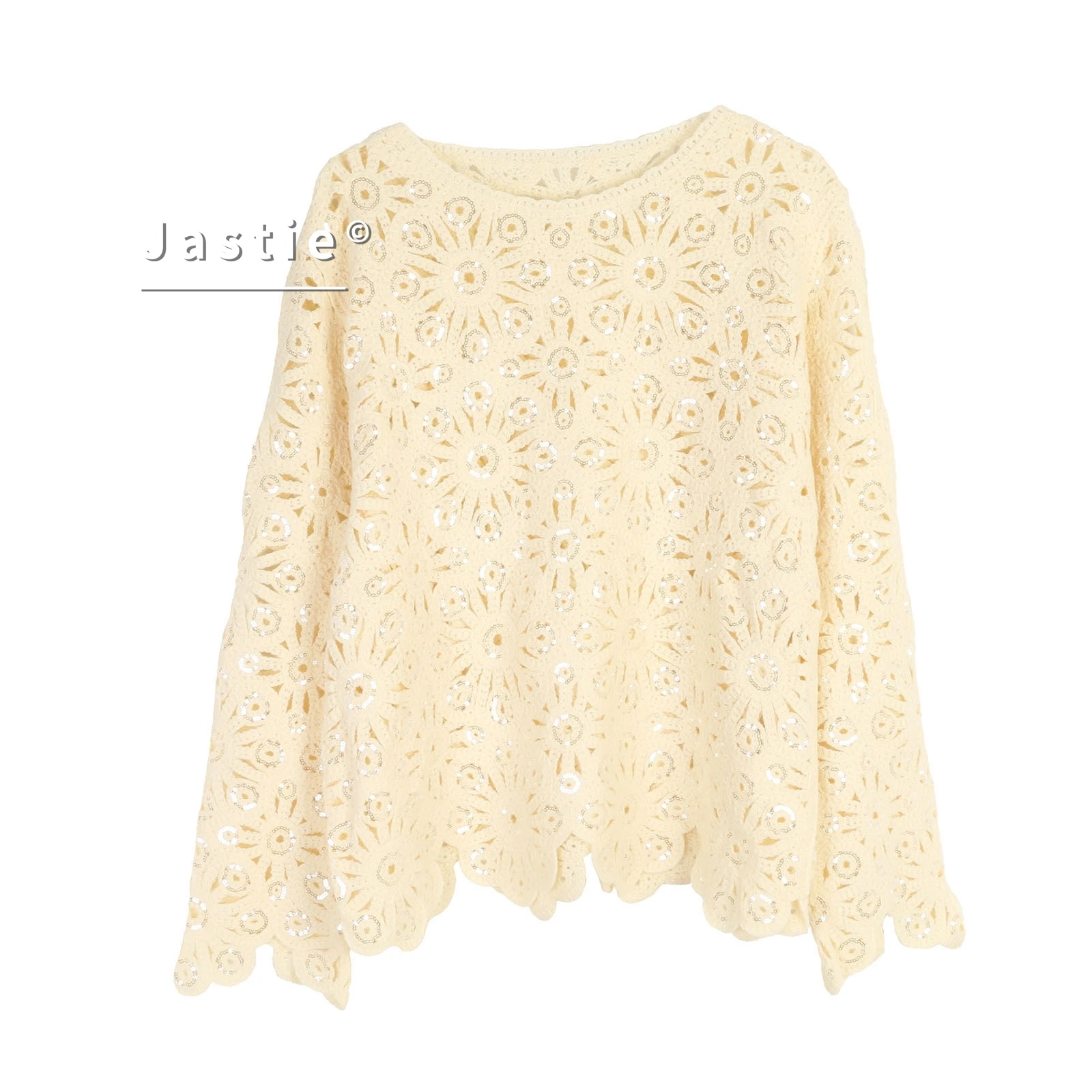 Bohemian Sequined Embroidered Pullover Sweater Tops Round Neck Long Sleeves Retro French Openwork Knitwear For Women Sweaters