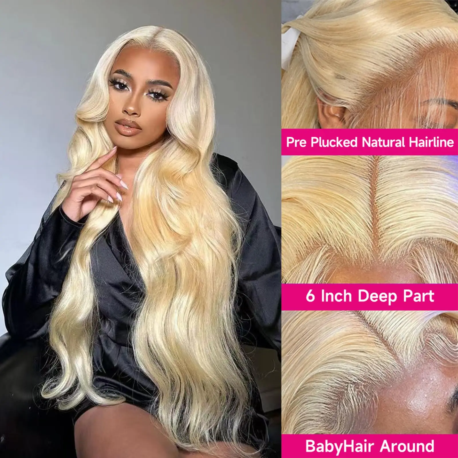 Perruque Lace Front Wig Body Wave brésilienne naturelle, cheveux Remy, sans colle, blond 613, 13x6, 13x4, pre-plucked, 613