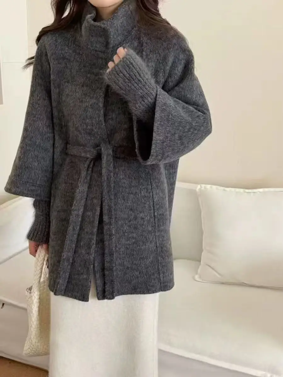 Stand Up Collar High-End Temperament Coat For Women In Winter 2025, New Double-Sided Wool Loose Lace Up Coat