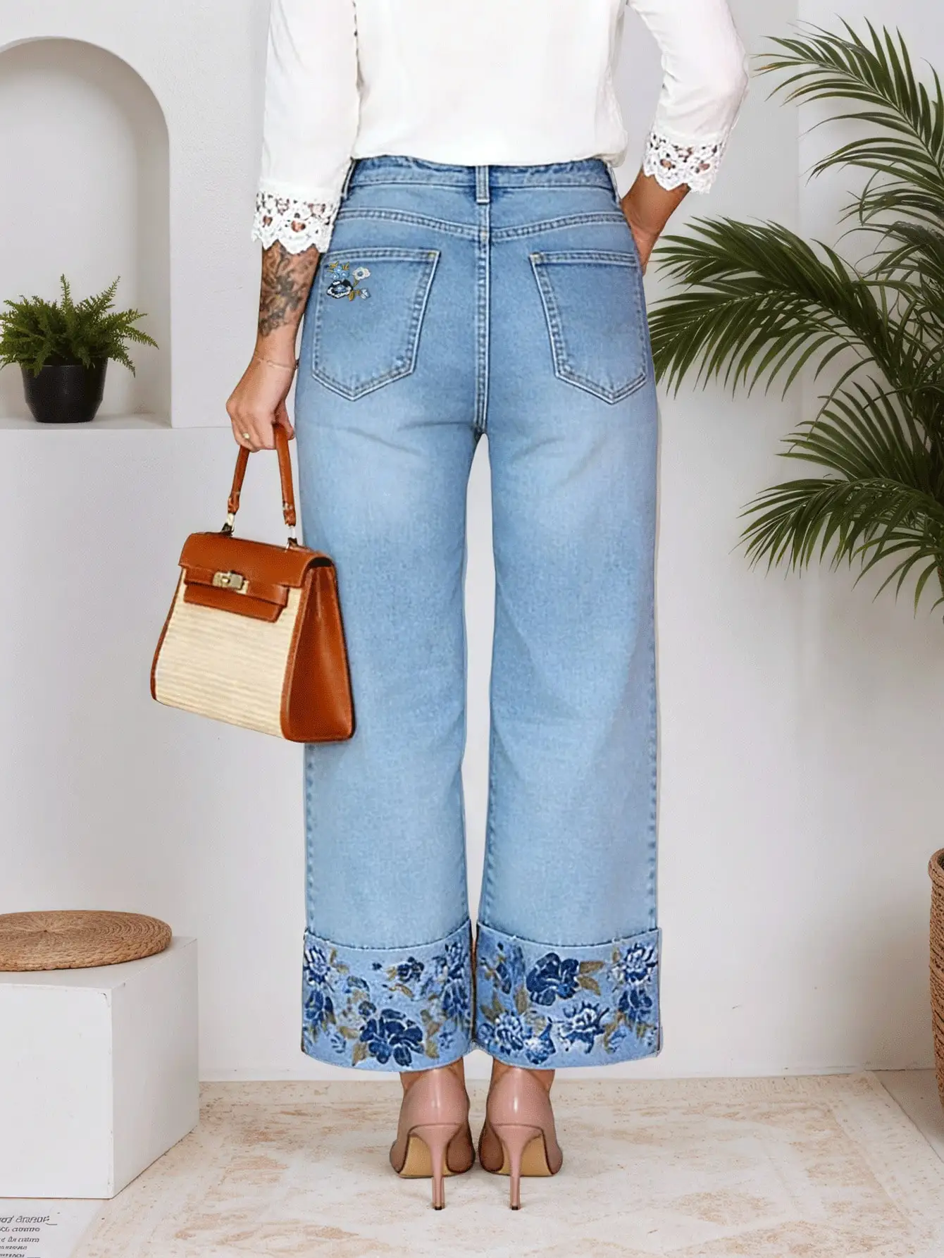 Women's Embroidered Wide Leg Straight Leg Jeans - Casual Loose Fit Denim Pants