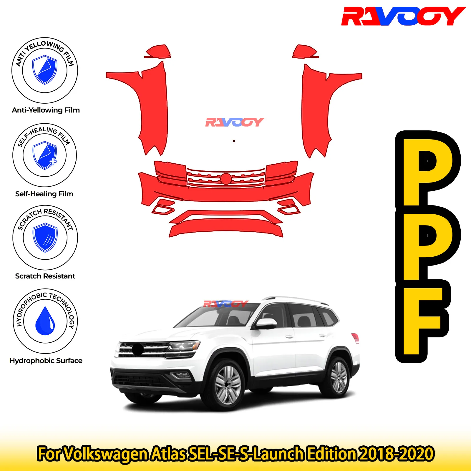 For Volkswagen Atlas SEL-SE-S-Launch Edition 2018-2020 Glossy Matte Black Precut front PPF Kit Paint Protection Film