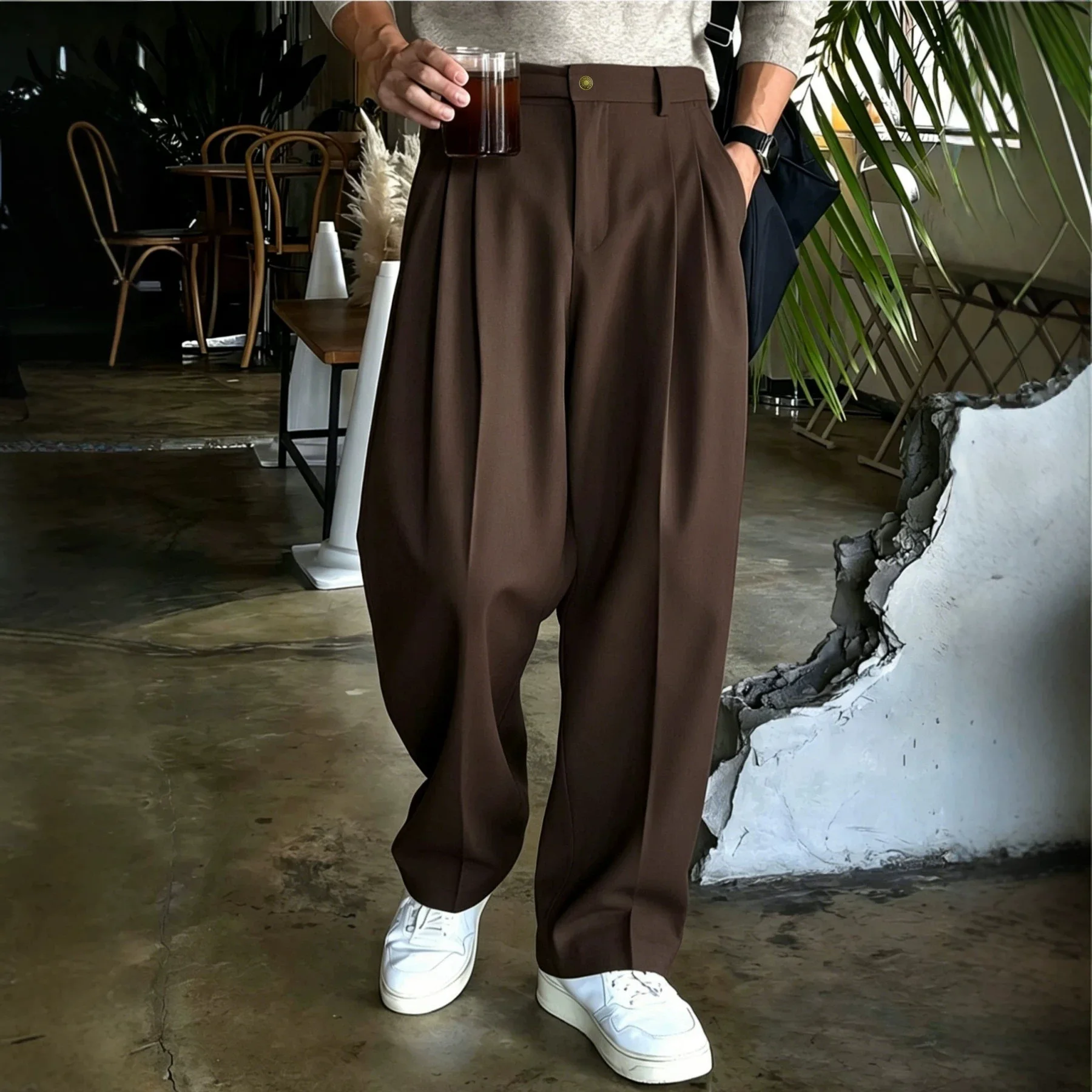 Classic solid color trousers with a versatile drape, men's business casual pants with active pleats, men's wide-leg pants, K-pop