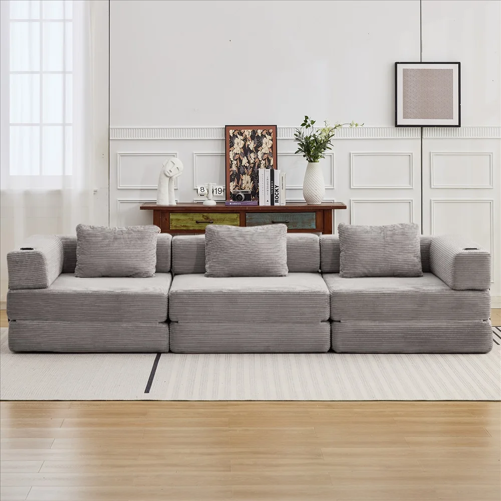 Cord-Modulsofa Frei Kombinierbare Wandelbare Eckcouch mit Getränkehaltern Übergroße Chaiselongue für Wohnzimmer – Detail 7