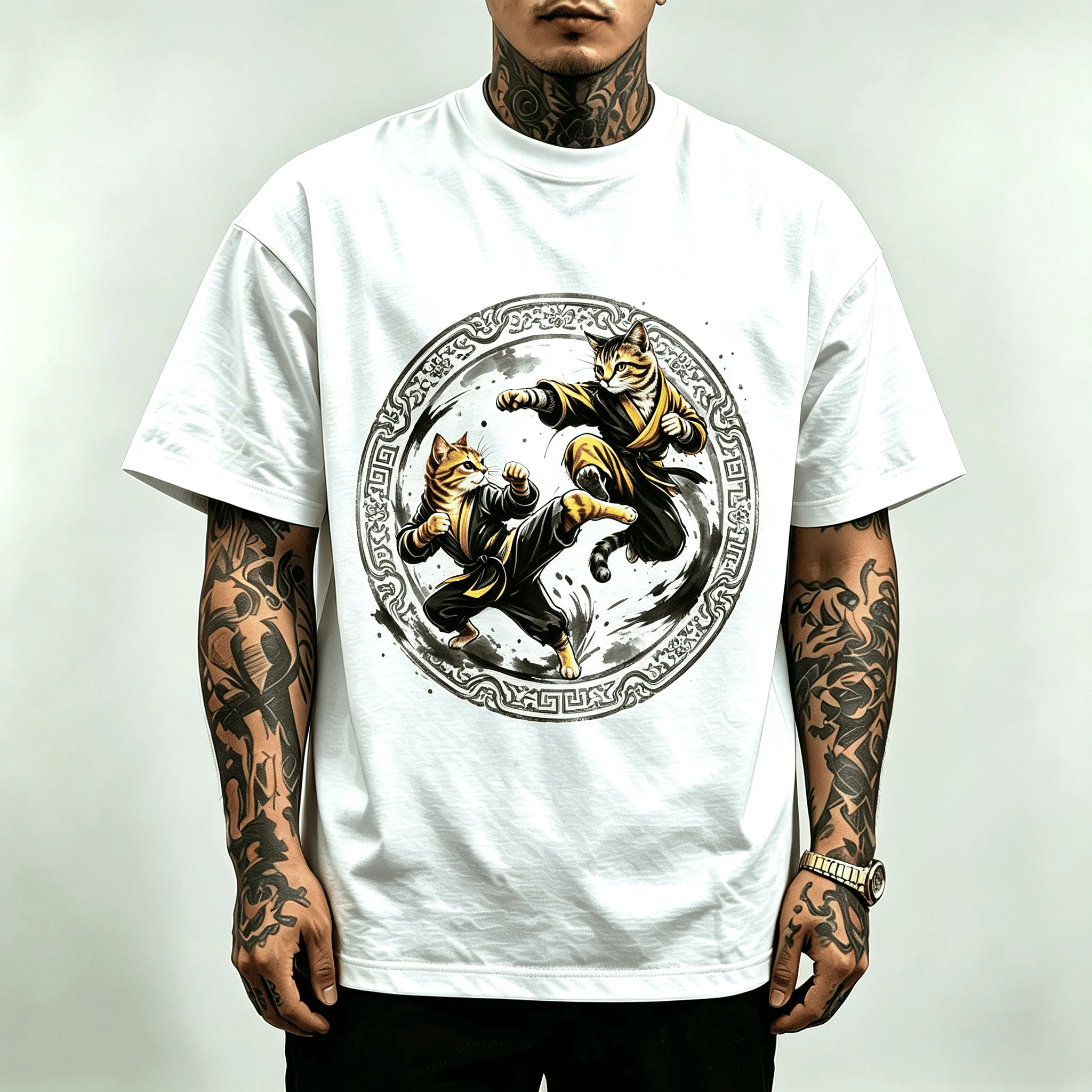 Chinese Border Frame Kung Fu Fighting Cats Graphic T-Shirt Men Women Unisex Vintage Martial Arts Cat Duel Print Casual Streetwear Cotton Tee