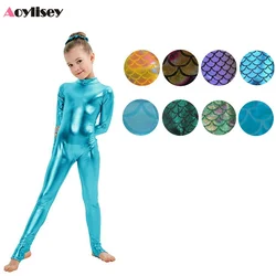 Kids Girls Rhythmic Gymnastics Leotard Ballet Dance Wear Figure Skating Costume Shiny Metallic Contrast Long Sleeve Bodysuit