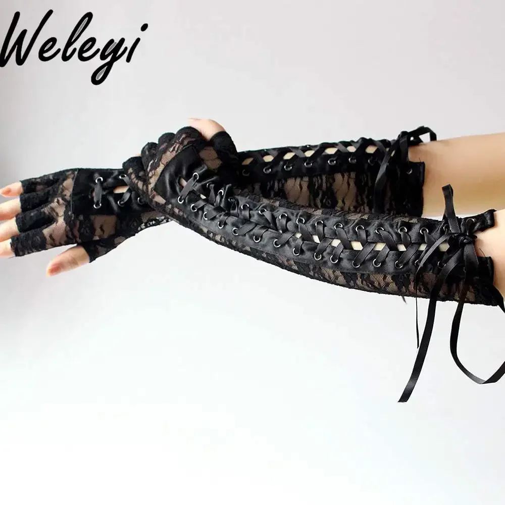 

Jirai Kei Lolita Accessories Punk Black Sexy Lace Banage Strap Gloves Women Cool JK Half Finger Female Cos Half Sleeve Glove