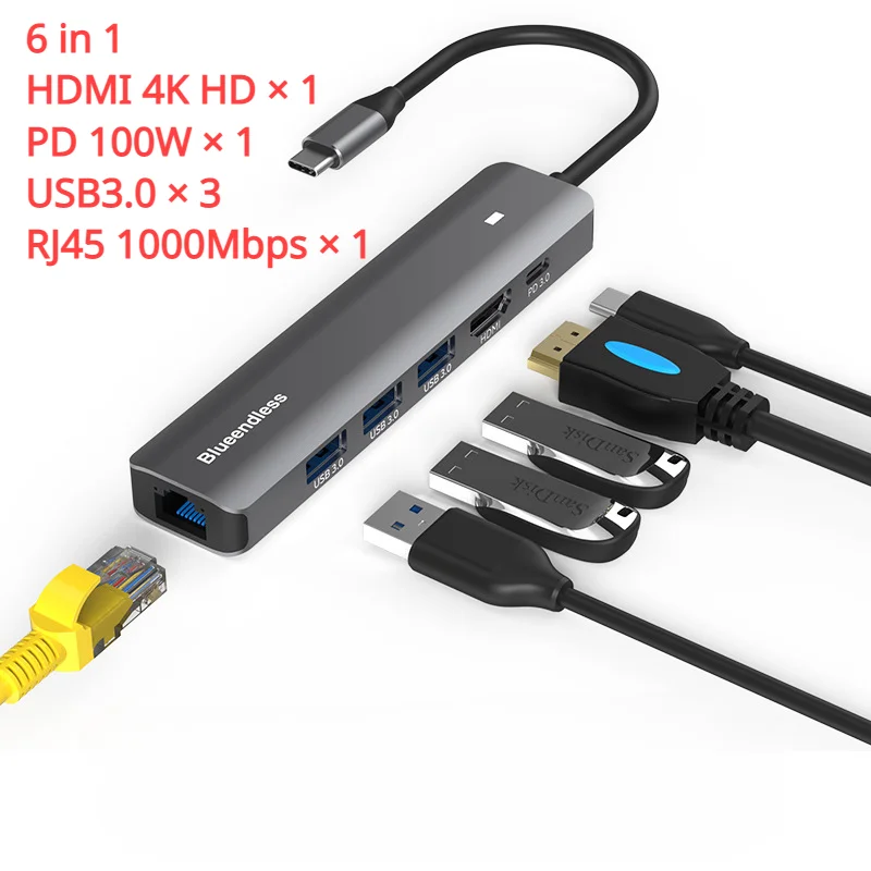 

USB Hub 3.0 Type-C Docking Station HDMI 4K HD 1000Mbps 6-in-1 Splitter Mac docking station For Xiaomi Huawei Lenovo Google HP