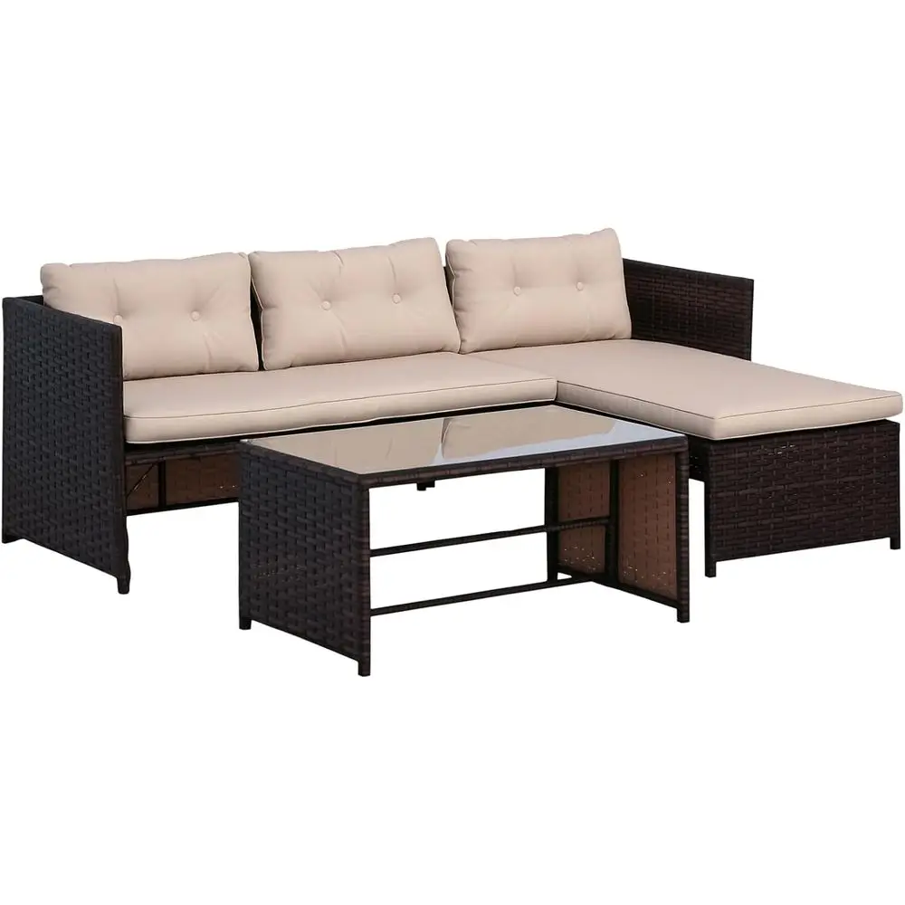 

Бежевый комплект уличной мебели из ротанга с шезлонгом, двухместным диваном, подушками и столом из закаленного стекла