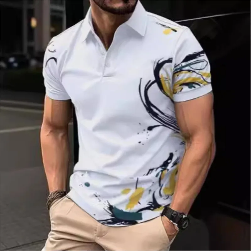 2024 Summer New Men's Digital Printed Short Sleeved Men's Polo Shirt Short Sleeved Casual Top With Flip Collar Button Loose Type