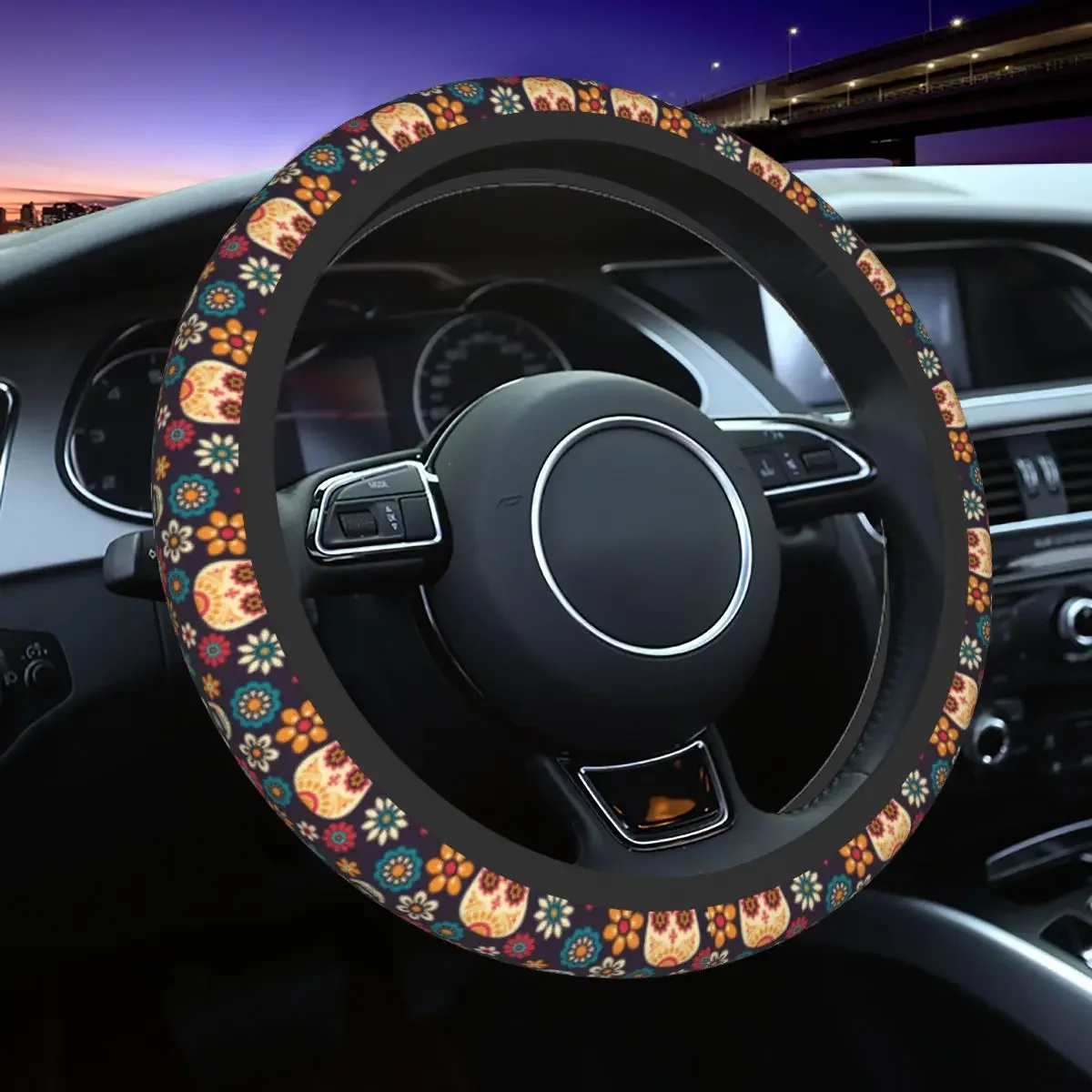 Day Of The Dead Car Steering Wheel Cover 38cm Sugar Skull Flower Steering Wheel Protective Cover Colorful Auto Car Accessories