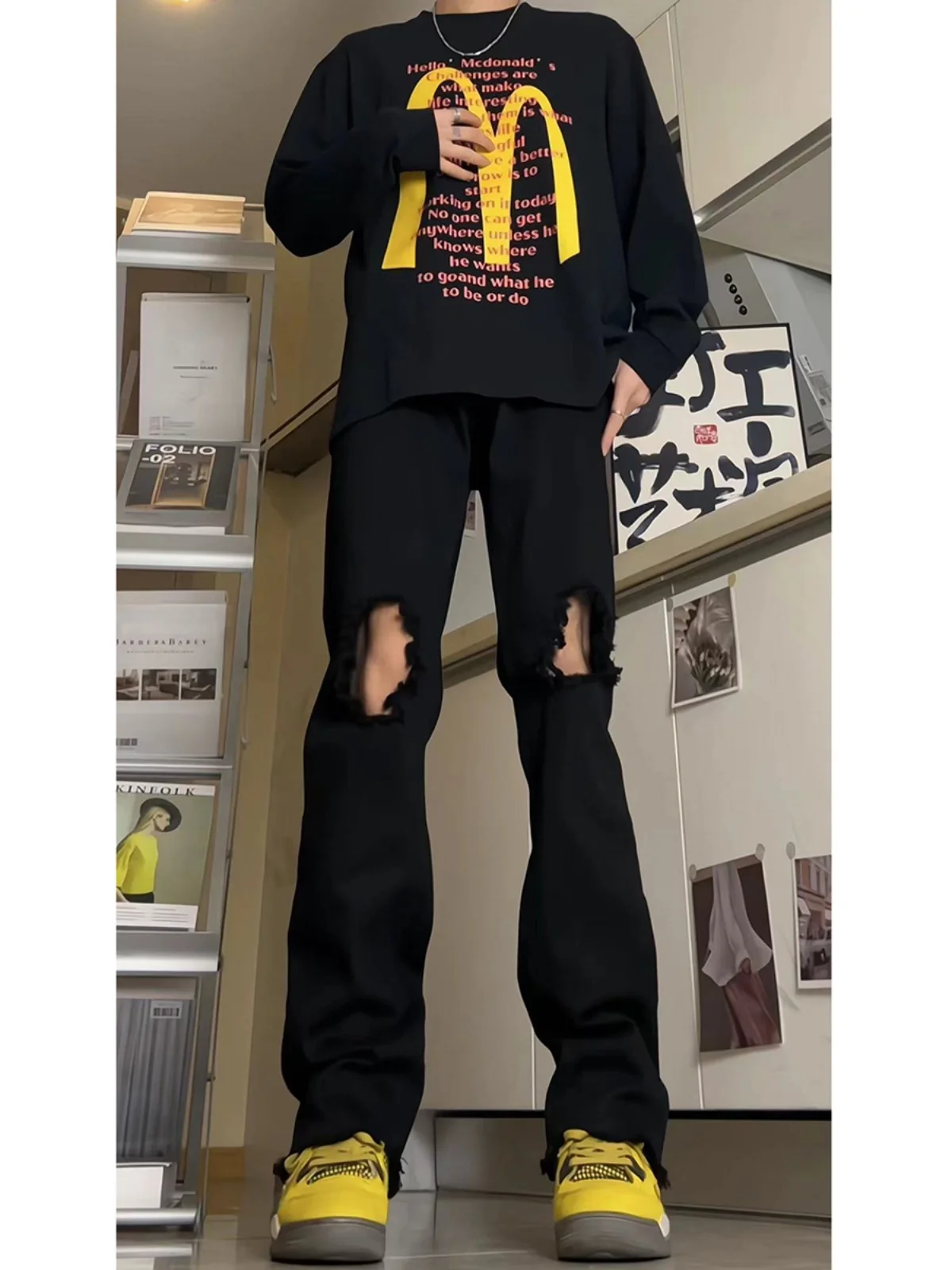 

Мужские рваные джинсы в стиле ретро American Vibe High Street, черные, с прямым кроем, укороченные, для весны и осени