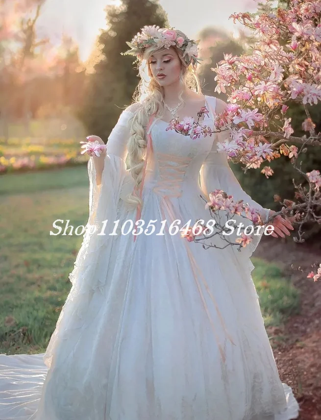 Historic Medieval Wedding Dresses Ivory Halter Fairy Evening Church Skirt Fairy Long Sleeve Applique Cosplay Wedding Dresses