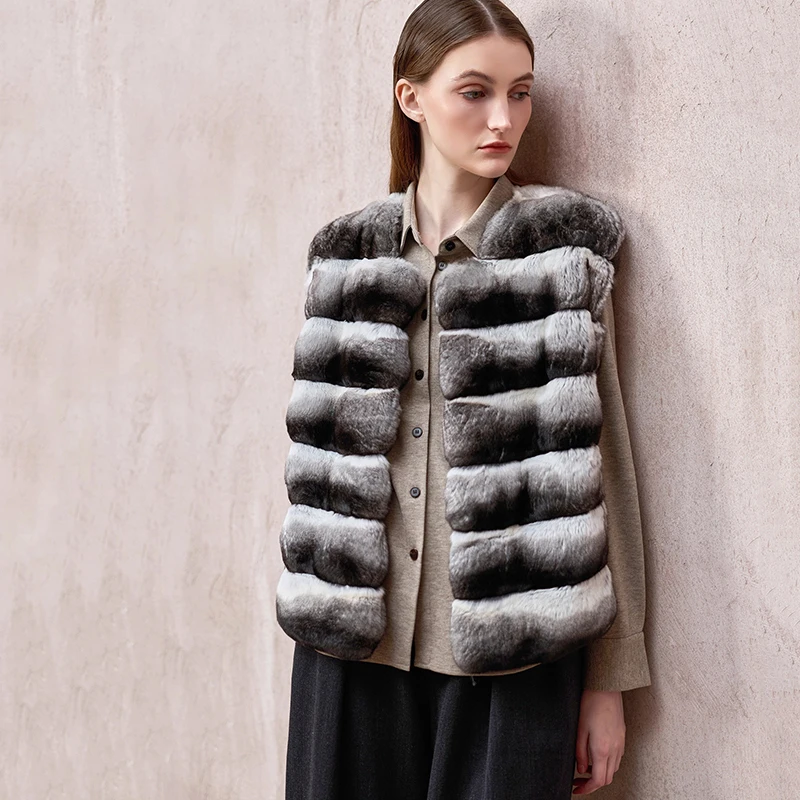 เสื้อกั๊กขนชินชิลล่าสีฟ้าเขียว นำเข้าจากต่างประเทศ สำหรับฤดูหนาว คอทรงโอ แขนกุด สำหรับผู้หญิง คุณภาพสูง สีธรรมชาติ