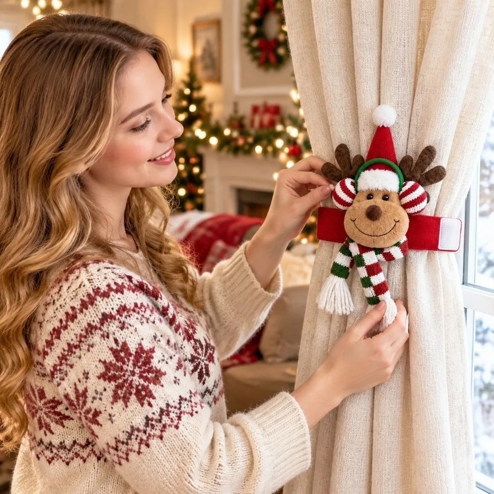Creative Design Christmas Curtain Tieback Soft Plush Lightweight Xmas Curtain Buckle Bright Color Cute Holiday Curtain Clip