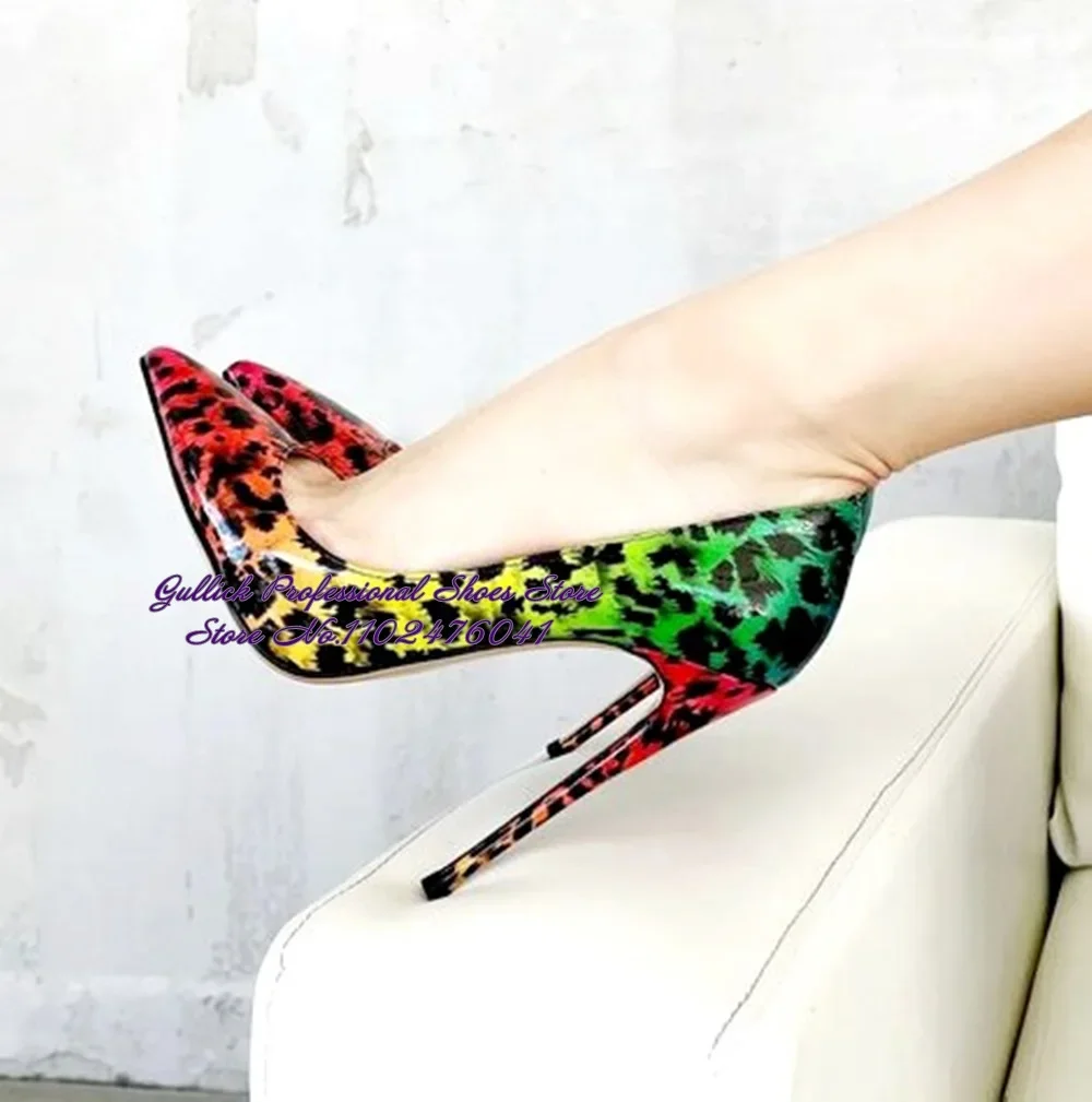 Women Multi-Leopard Printed Patent Leather High Heel Shoes 12cm 10cm 8cm Stilettos Pointed Toe Shallow Pumps Sexy Slip-on Heels