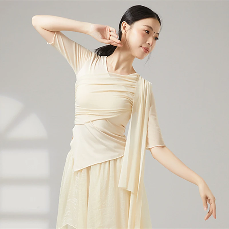 Abito da ballo moderno Top da donna Manica a rete svasata Camicia fluida in tulle con giunture Orlo irregolare Abiti da allenamento quotidiano Stage Yoga Chic Tee