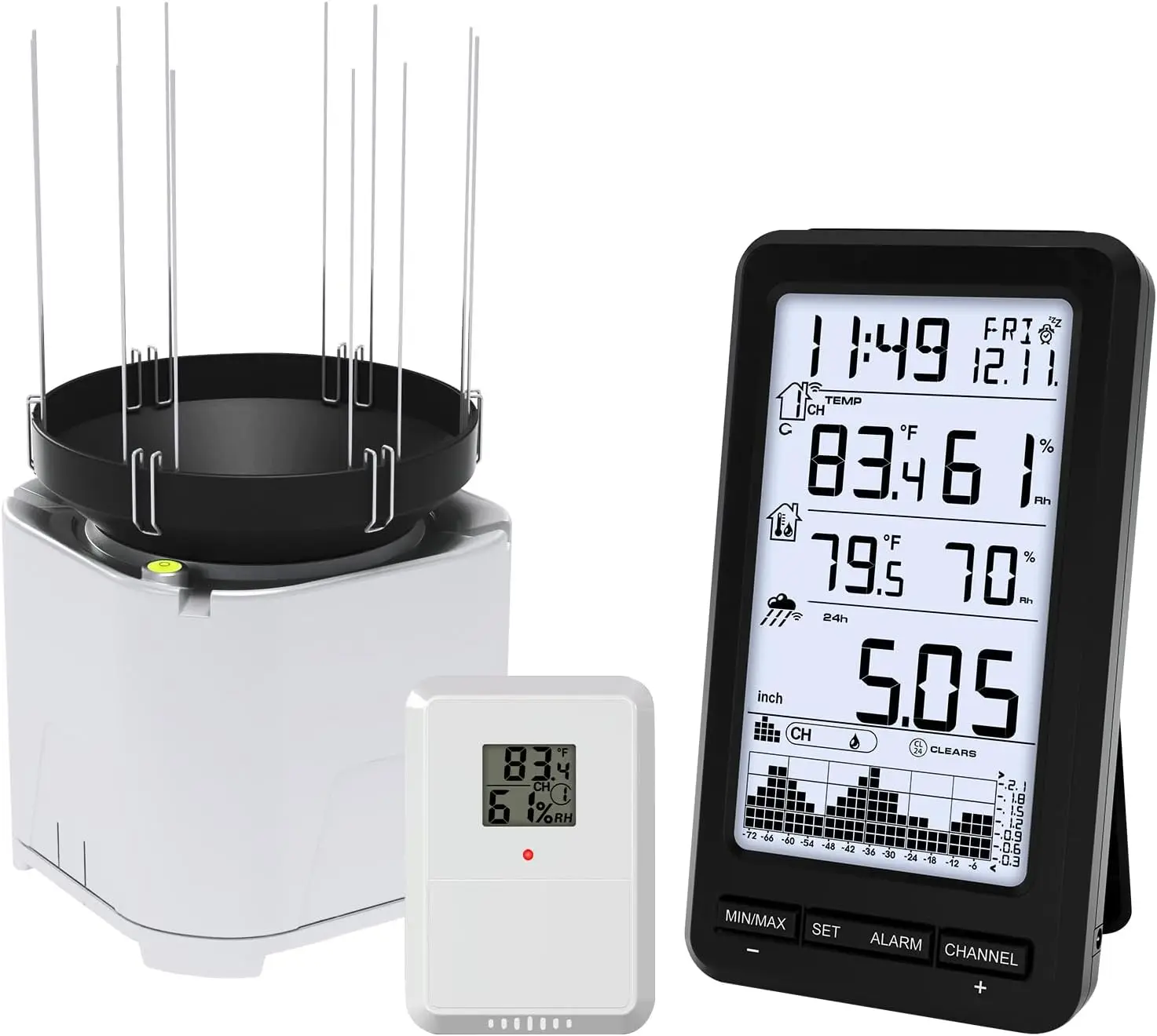 

Wireless Pluviometer Digital Rain Gauge with Self Emptying Collector Monitoring Rainfall Indoor/Outdoor Temperature for Home