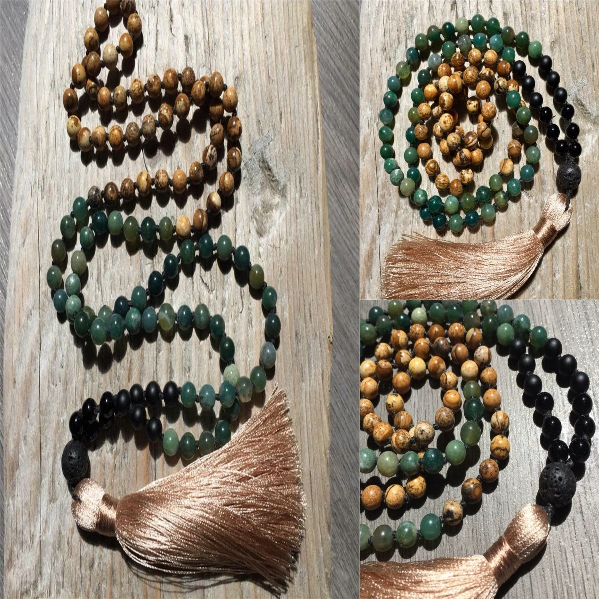 8mm Moss Agate Black Onyx 108 Beads Handmade Tassel Necklace Teenagers Men Opera length Trendy Tranquility Statement