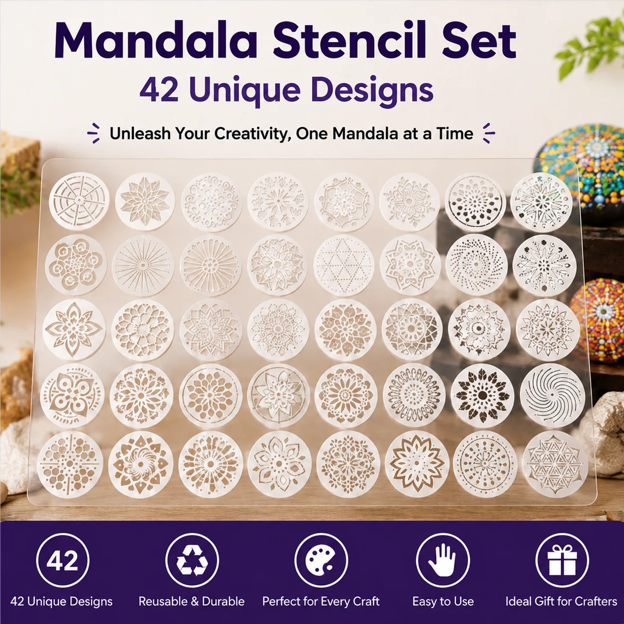 

42/35pcs Mandala Stencil Set Reusable Plastic Templates for Rock Painting DIY Crafts Scrapbooking Home Decor Easy to Use
