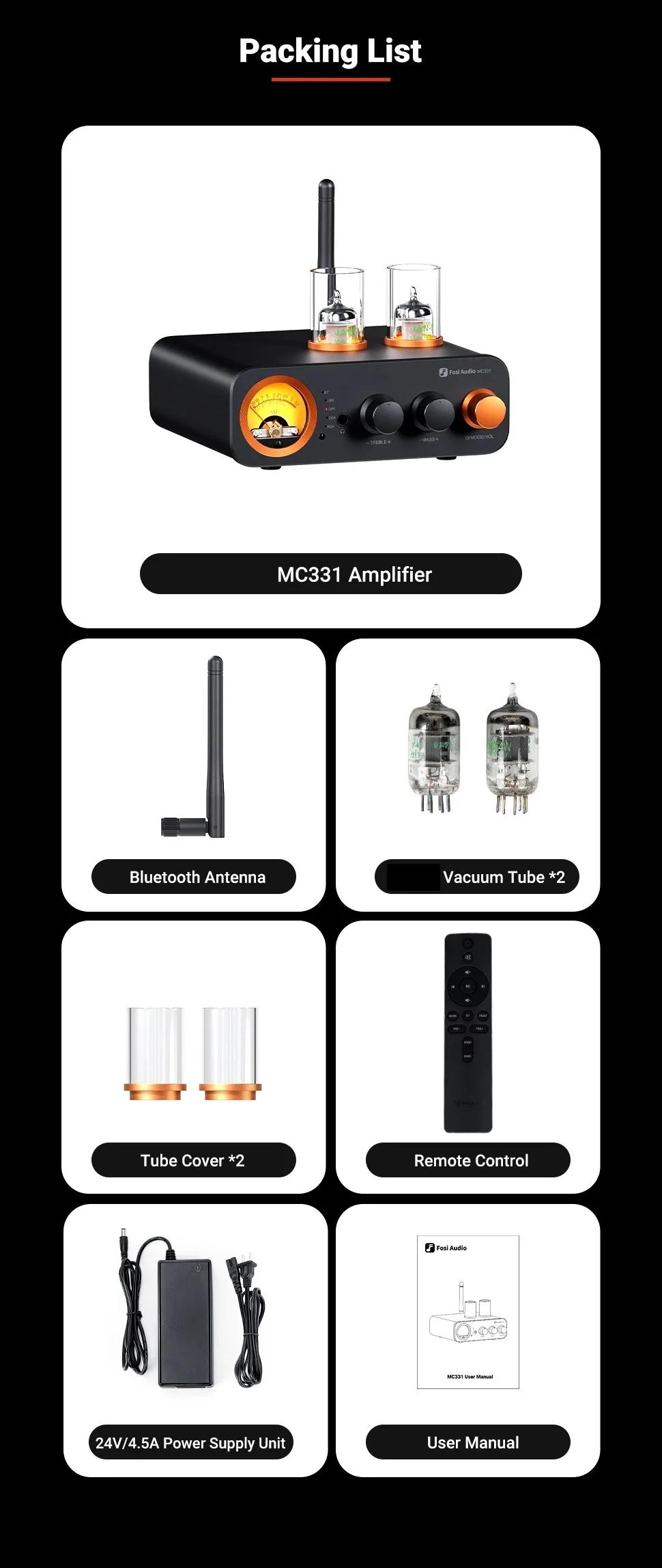 Fosi Audio MC331 2.0 Channel Bluetooth Stereo Integrated Tube Amplifier, Mini All-in-One DAC Audio Power Amp for Passive Speaker