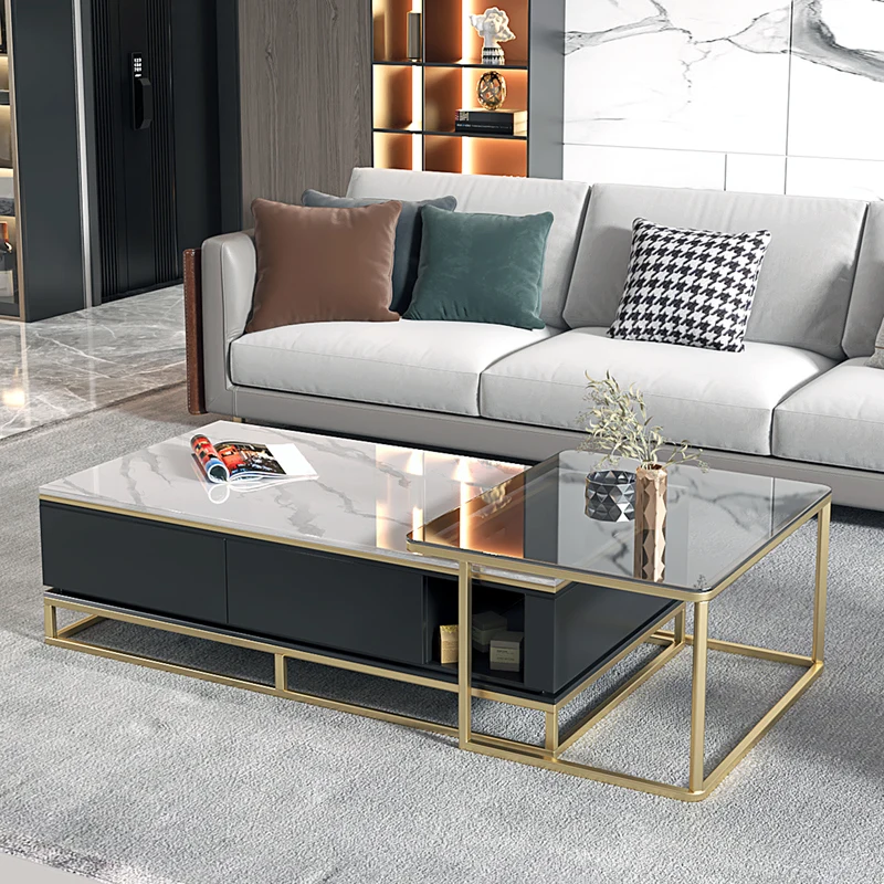 

Nordic Light Luxury Tea Table Folding Square Modern Simple Small Living Room Glass Rock Slab Combination Apartment Furniture