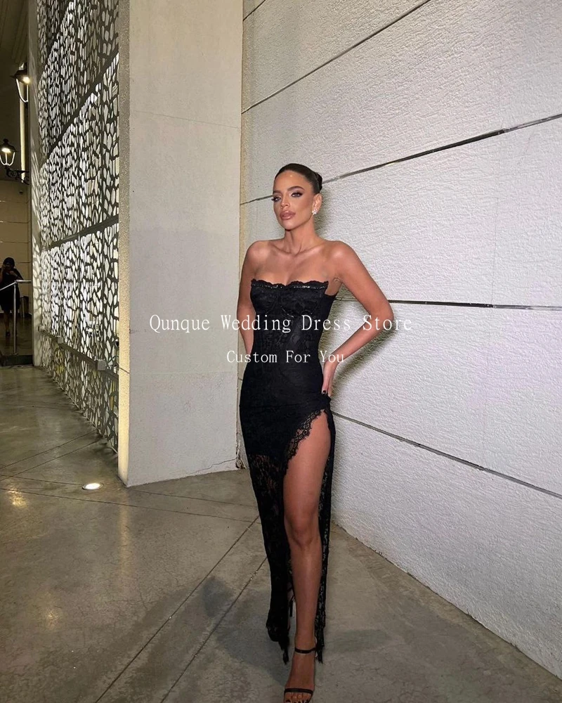 Qunque Sexy Lace Evening Dresses Strapless Long High Leg Slit Vestido Festas Luxo Customized Mermaid Vestido De Noche Elegant