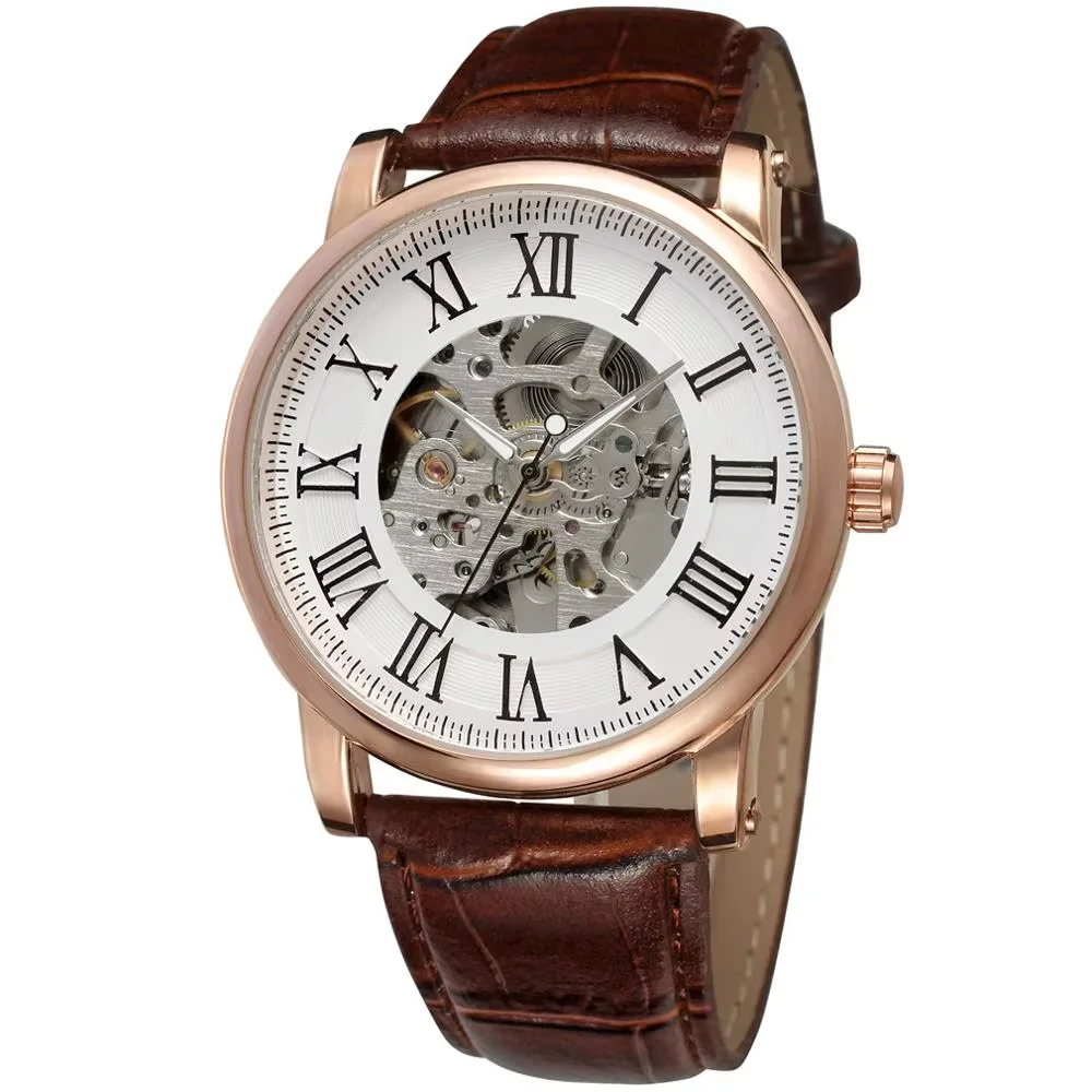 WINNER Fashion trend men's and women's watches brown leather strap watches automatic mechanical wrist watches