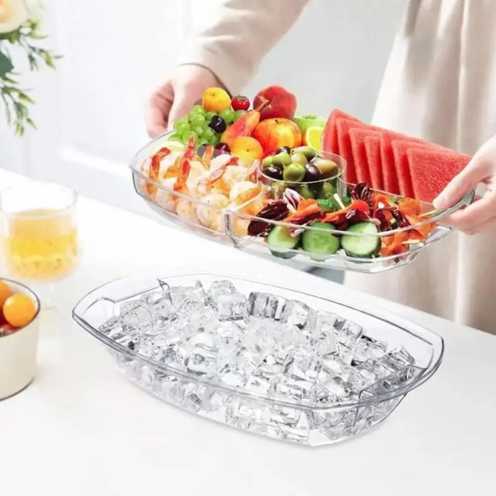 

Plastic Chilled Fruit Tray Transparent Large Capacity Chilled Serving Platter 5 Compartments with Lid Chilled Food Bowl Camping