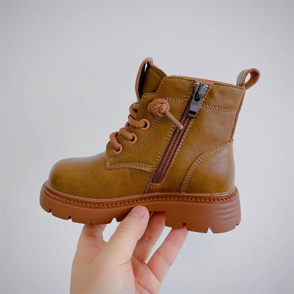 Boots Children Solid Boots for Girls Kids Autumn and Winter Thick Bottom Non-slip Ankle Boots for Boys Side Zip Derma Boots