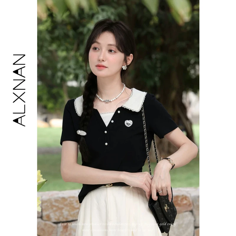 Camiseta ALXNAN para mujer, cuello Peter Pan, estilo preppy, bordado de corazón, camisetas de manga corta, tops informales de verano 2026 para mujer L62759