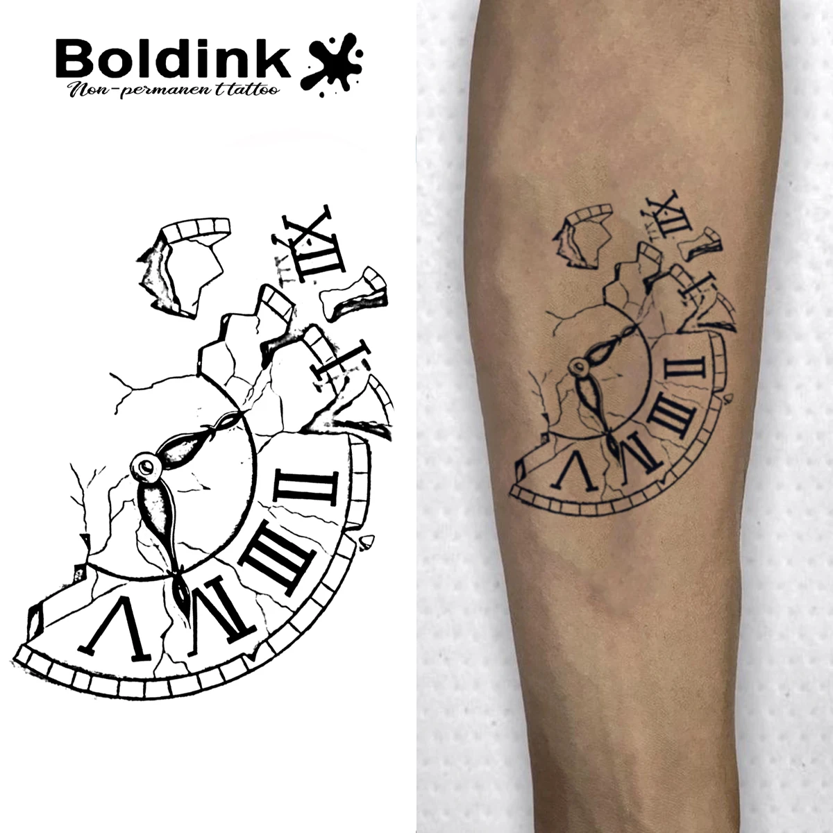 

Boldink Shattered Clock Temporary Tattoo,Lasts To 15 Days New Technology Magic Waterproof Semi Permanent Sticker.