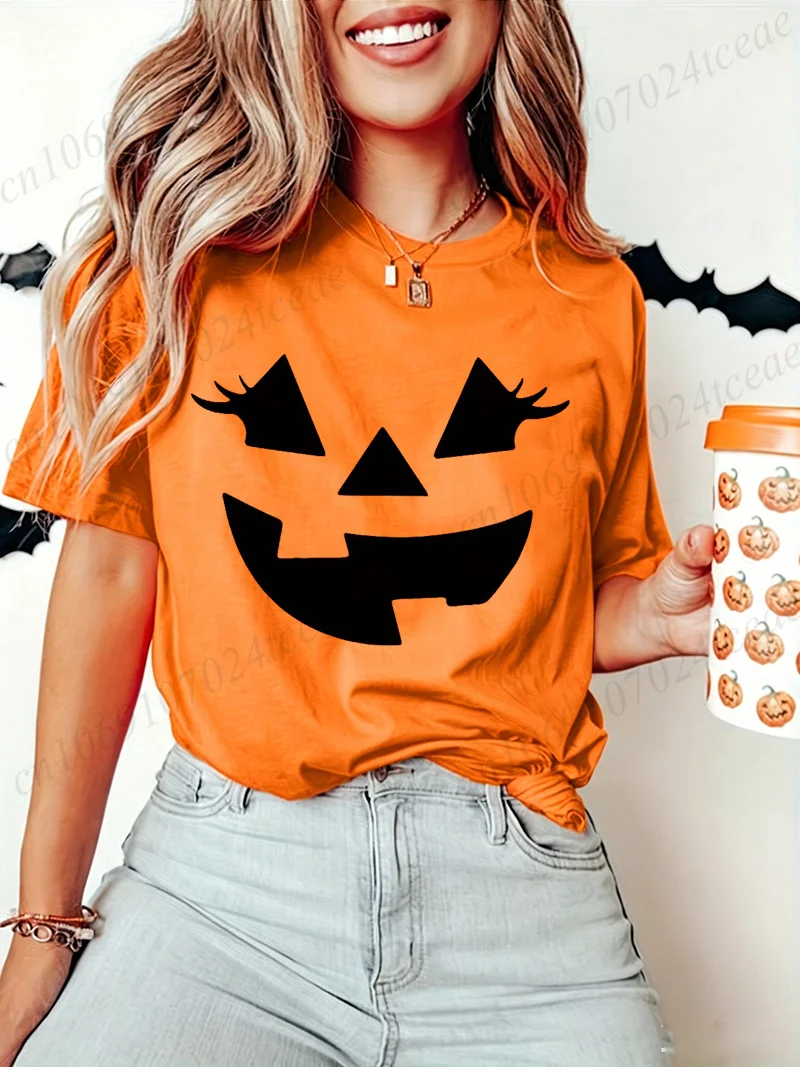 Funny Evil Pumpkin Face Halloween Women Tees Funny Spooky Season Tshirt Female Clothes Short Sleeve Tops Fashion Graphic Shirt