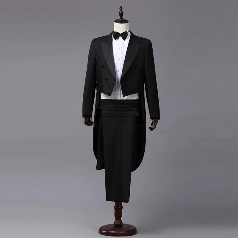 Mens Tailcoat White Black Red Jacquard Lapel Tail Coat Stage Singer Costume Wedding Groom Prom Tuxedo Dress Suits Jacket+Pants