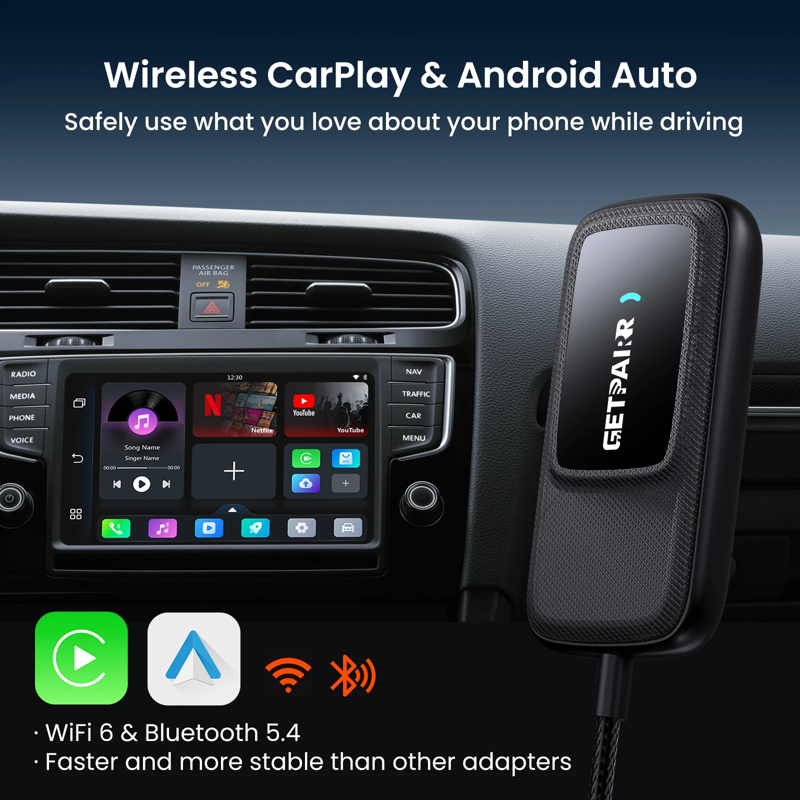 Getpairr Play2Video Ultra Wireless Carplay Android Auto Adapter dengan Youtube Netflix Terintegrasi, Kotak Video untuk VW Benz Ford 99% Mobil