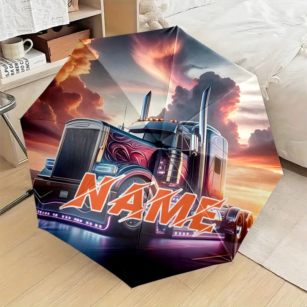 Custom Name Umbrella, Heavy-Duty Truck Graphic with Sunset Sky Backdrop Folding Umbrella for Sunny and Rainy,Gift