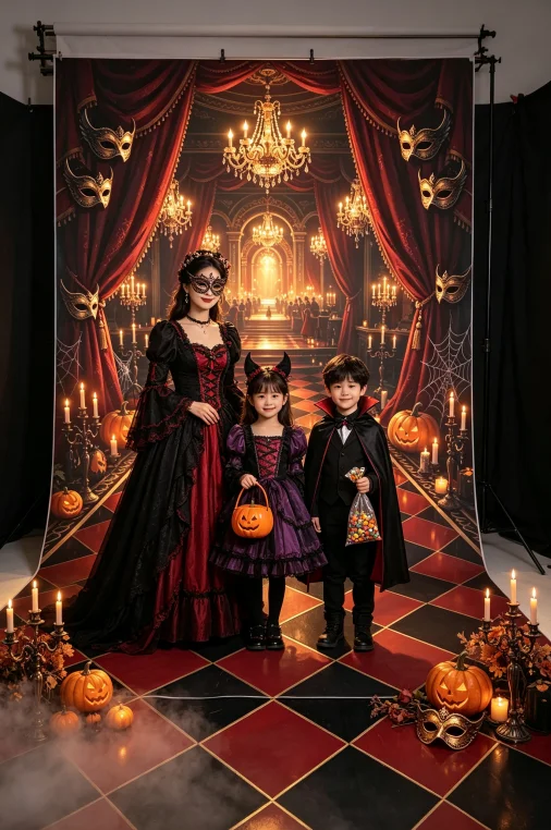 Mocsicka Halloween Backdrop Street Castle Checkered Floor Masquerade Mask Pumpkin Photo Background Family Photoshoot Studio Prop