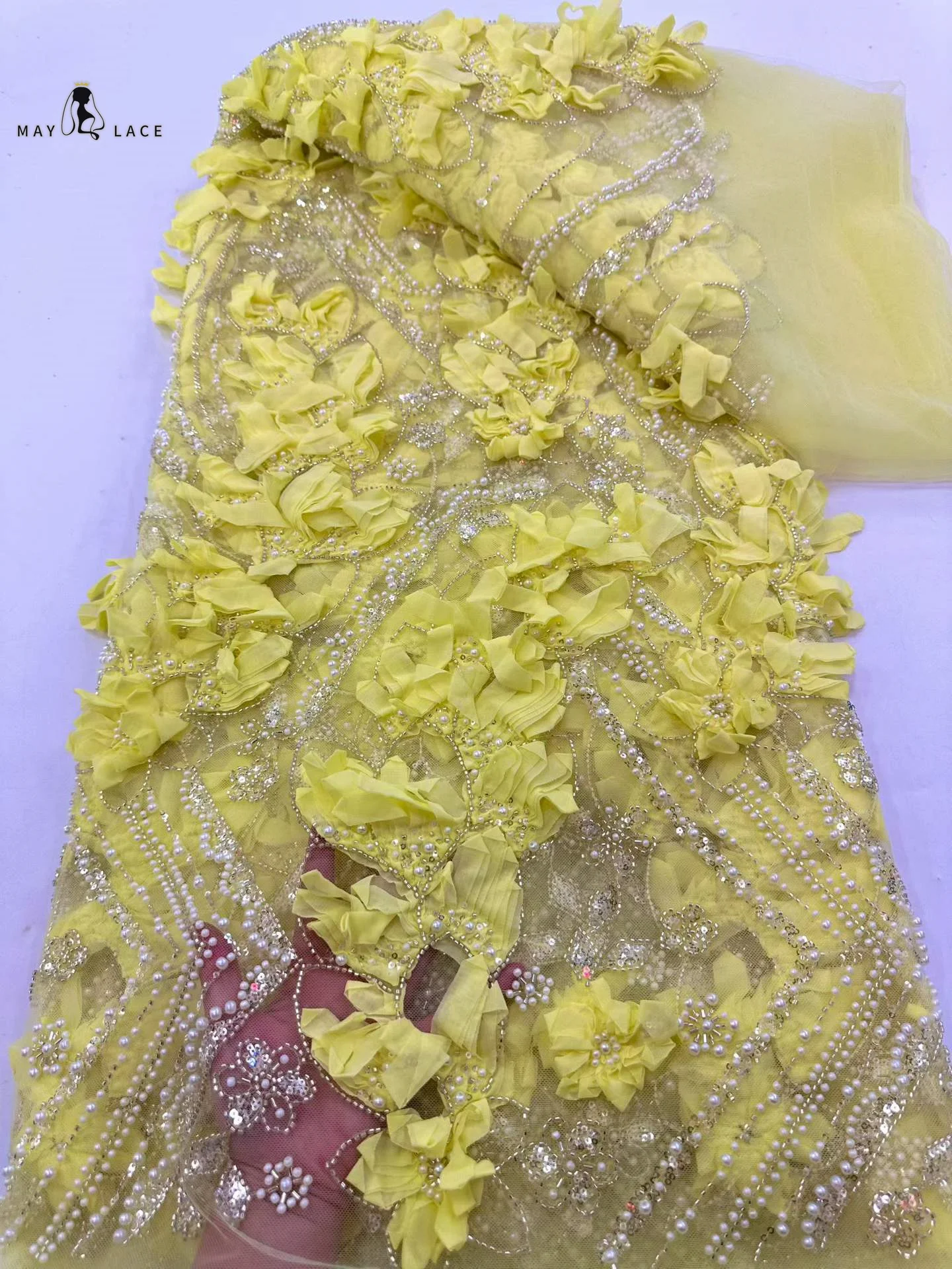 

Yellow African 3D Flower Lace Fabric African Crystal Sequin Lace Fabric 2026 High Quality Mesh Groom Lace For Sewing Party Dress