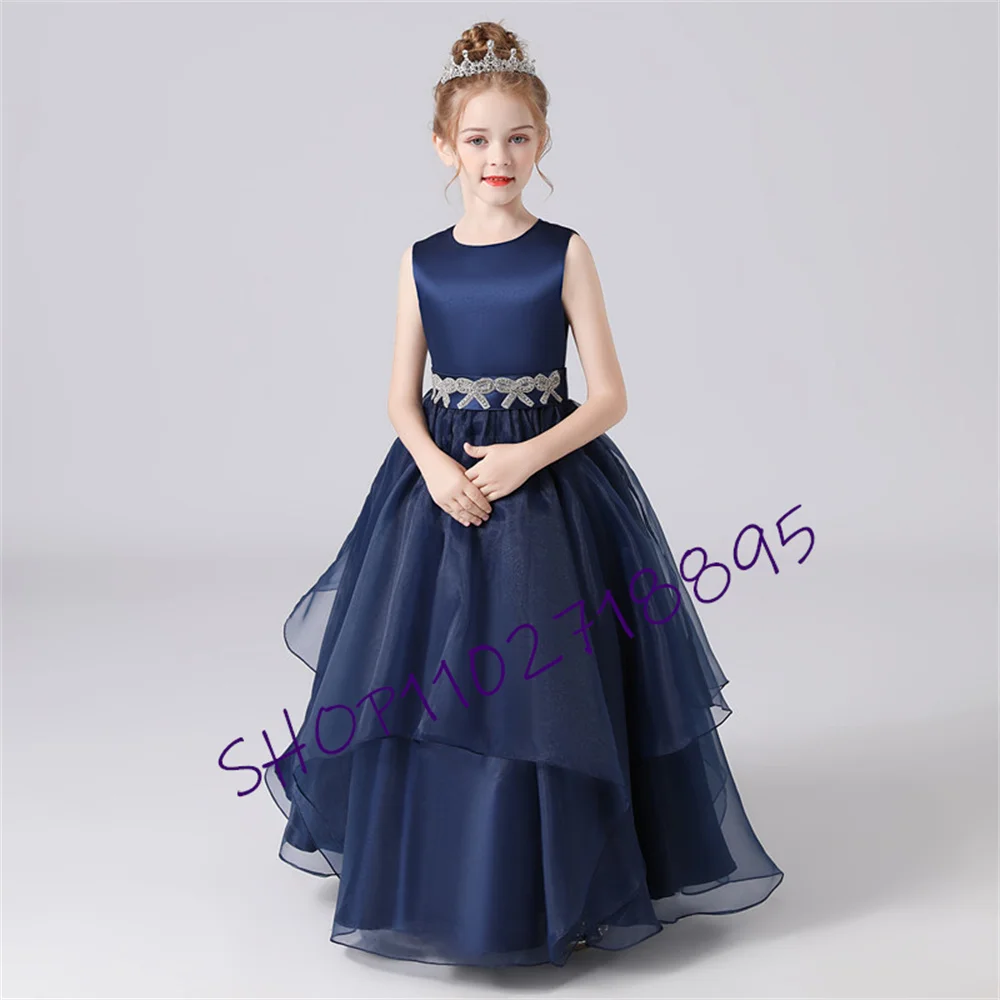 

Navy Blue Sashes Beaded Bow Tiered Flower Girls Dresses Organza Princess Formal Dresses Kids Birthday Party Gown