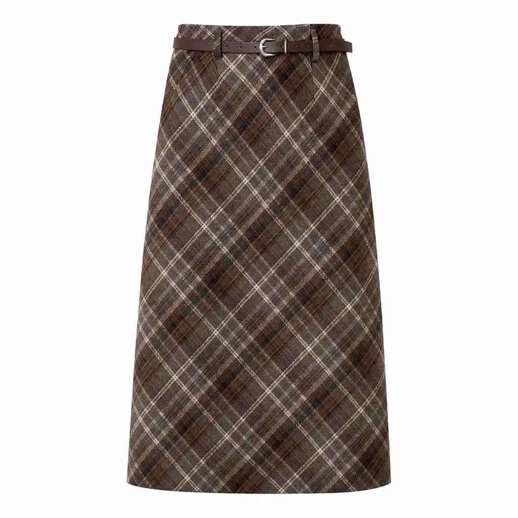 Long Woolen Skirt Women Autumn Winter 2026 New Arrival High Waist Skirt With Belt A Line Plaid Skirt Woman Back Slit Skirts