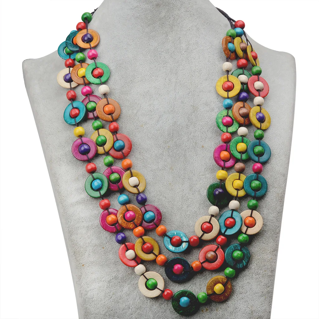 Ethnic Customs Handmade Multi Layer Color Wood Necklace & Pendant Bib Beads Jewelry Vintage Statement Jewelry