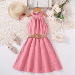 Fashion For 4-12Ys Kids Outfit Pink Sleeveless Skirt & Belt For Cute Girls Summer Vacation Party Or Korean Style Daily Dress