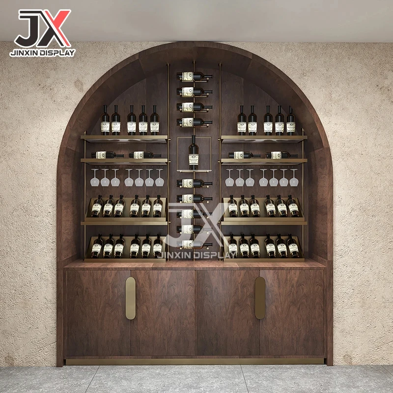 custom.Factory Customized LED Red Wine Display Cabinet High-end Club Furniture Winery Wine Cellar Basement Shelves Liquor Store