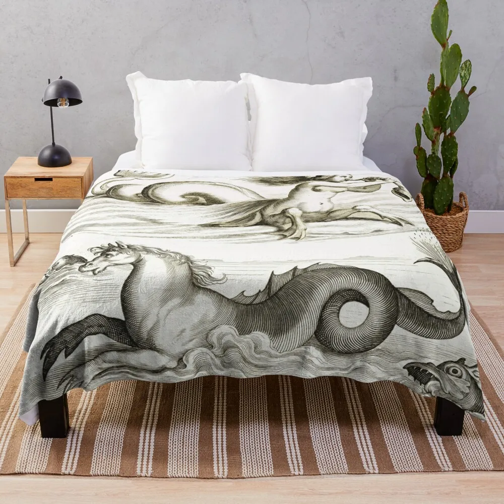 Mermaid Blows on a Shell and Sea Horse of Neptune,Black White Drawing Throw Blanket Beautifuls Blankets